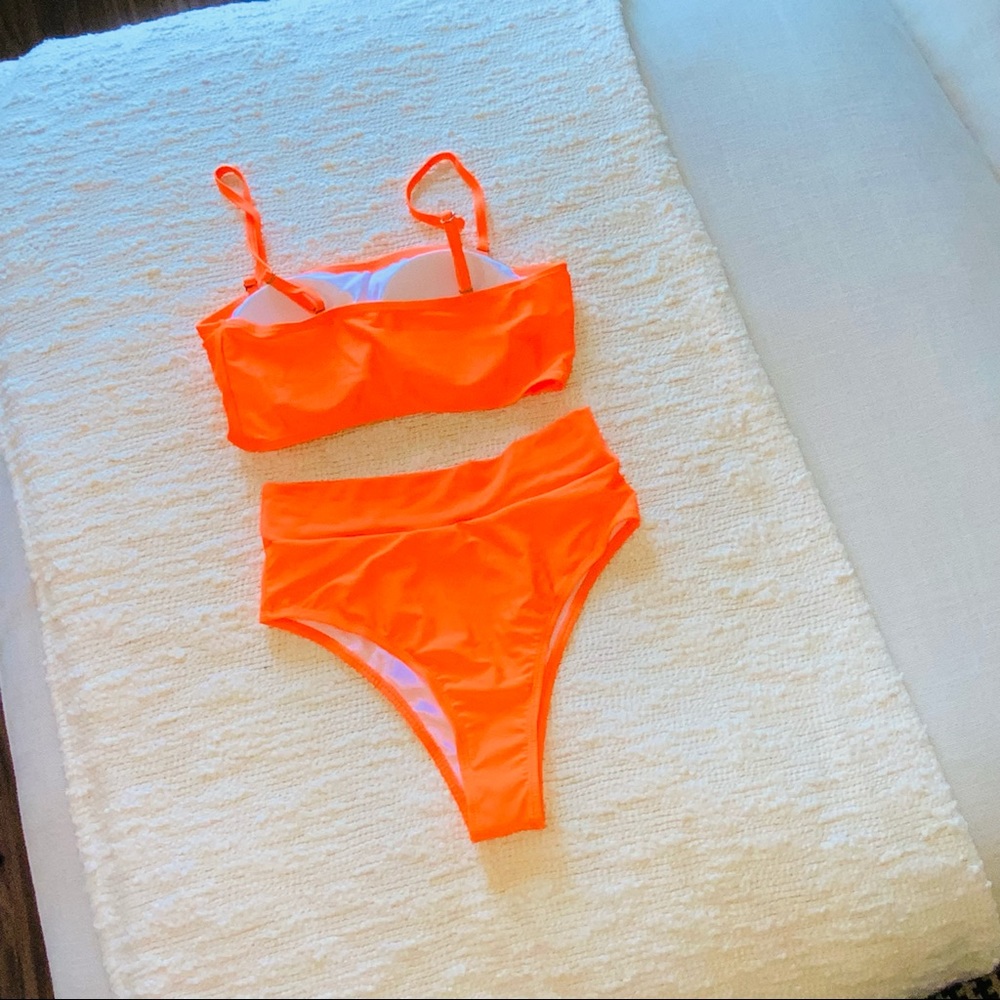 Neon Orange 2 Pc Bathing Suit Bikini High Waisted Padded  Size S   NWOT - Picture 6 of 12